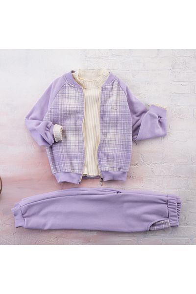 BÜŞRA Plaid Cardigan Raglan Sleeve 3pcs Girl's 3-Piece Lilac Tracksuit Set