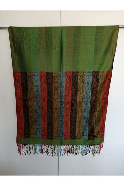 Butik Tülin Unisex Authentic Viscous Green Multicolor Striped Tassel Shawl