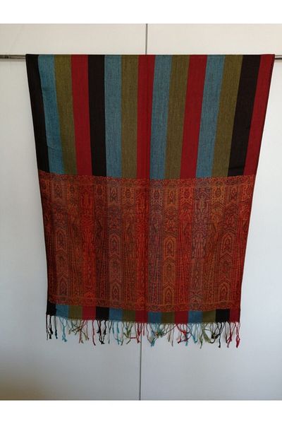 Butik Tülin Unisex Authentic Viscous Brown Multicolor Striped Tassel Shawl