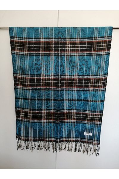 Butik Tülin Unisex Authentic Acrylic Turquoise Multicolor Striped Patterned Tassel Shawl