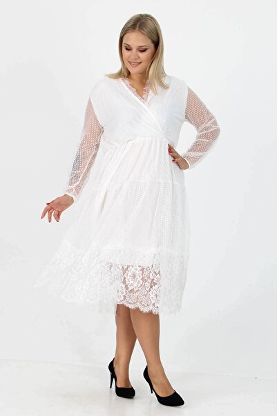 Neşeli Butik Γυναικείο φόρεμα νέας σεζόν με λεπτομέρεια από τούλι με διπλό γιακά μεγάλου μεγέθους Apcx14