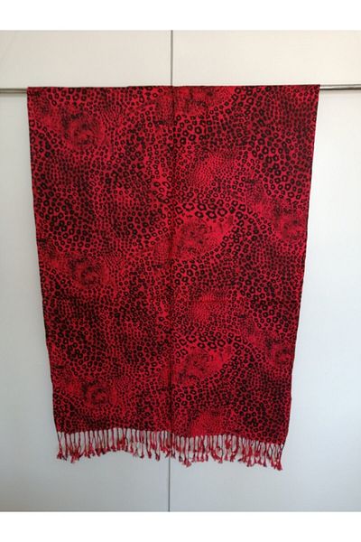 Butik Tülin Unisex Authentic Acrylic Red Black Leopard Pattern Printed Soft Shawl