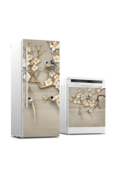 StickerArt Buzdolabı Ve Bulaşık Makinası Beyaz Eşya Sticker Kaplama Kuşlar Ağaç