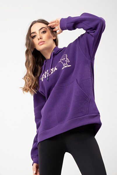 Eazy Co Eazy Drunk Pizza Oversize Unisex Mor Kapüşonlu Yaka Світшот