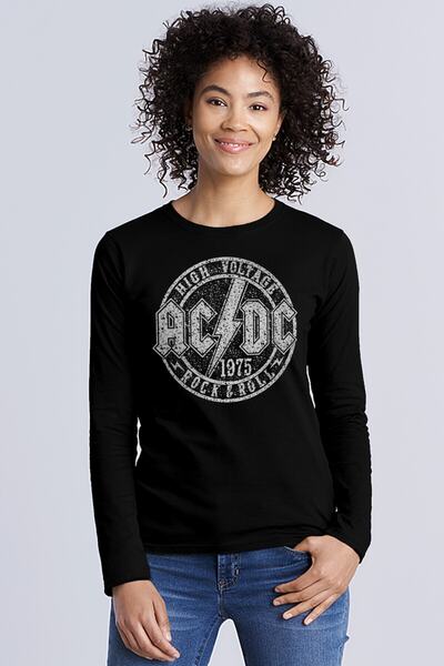 ROCKANDROLL Tricou negru plat Acdc cu mânecă lungă din bumbac pieptănat