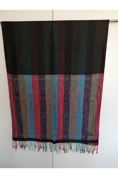 Butik Tülin Unisex Authentic Viscous Black Multicolor Striped Tassel Shawl