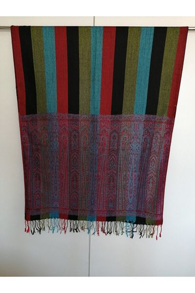 Butik Tülin Unisex Authentic Viscous Black Multicolor Striped Tassel Shawl