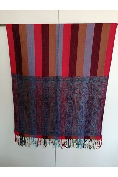 Butik Tülin Unisex Authentic Viscous Pink Multicolor Striped Tassel Shawl