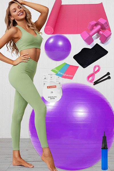 Jet Σετ Pilates 12 τεμαχίων Μπάλα 3 τεμαχίων Pilates Band Λαστιχένιο μαξιλάρι αλτήρες Jump Rope Ζώνη αδυνατίσματος Μωβ