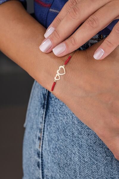 GençTaş Kuyumculuk 1 4 Ayar Altın Doğal Kırmızı Taşlı Kalplerin Birleşmesi Bileklik