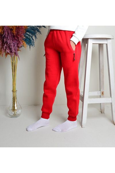 KİDSPİTİRCİK Unisex Kids Red 3ip Thick Fleece Tracksuit Bottom