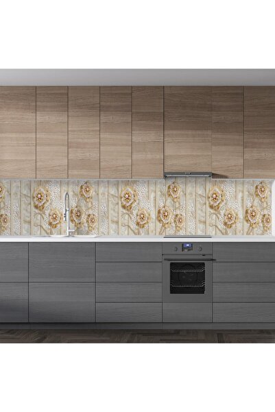 StickerArt Mutfak Tezgah Arası Folyo Fayans Kaplama Folyosu 3d Altın Çiçekler 60x100 Cm