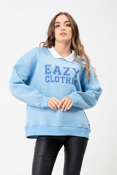 Eazy Co Φούτερ Eazy College Oversize Unisex γαλάζιο με γιακά πόλο