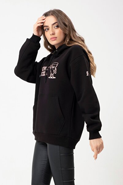 Eazy Co Eazy Drunk Pizza Oversize Unisex Чорна Світшот з капюшоном і коміром