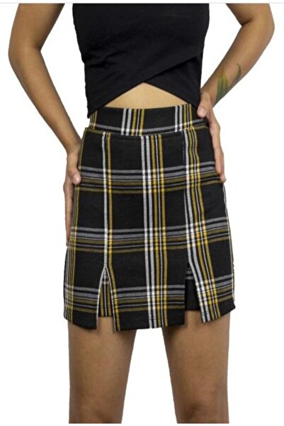 MaSoMi Kadın Siyah Ekose Şort Etek