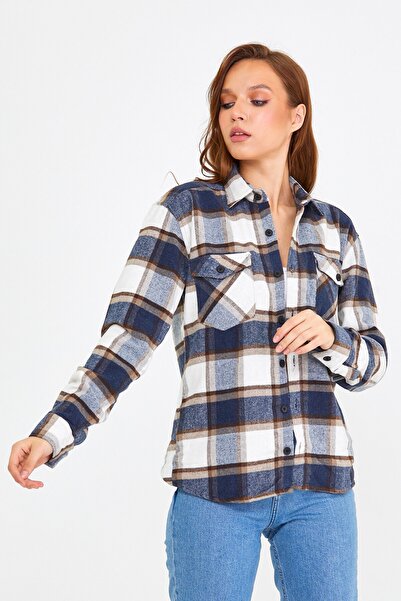 COOL TARZ Blue-brown Women's Slim Fit Button-Up Collar Double Pocket Lumberjack Plaid Shirt