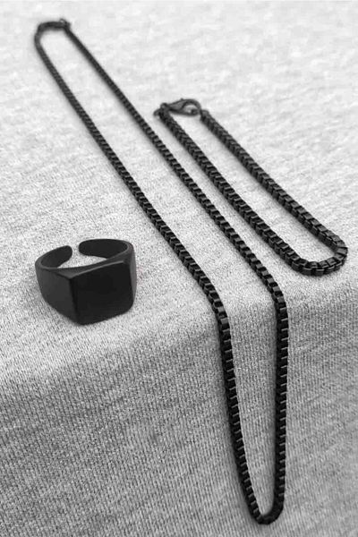 The Collection Knight Adjustable Matte Black Ring Cube Bracelet And Necklace Set
