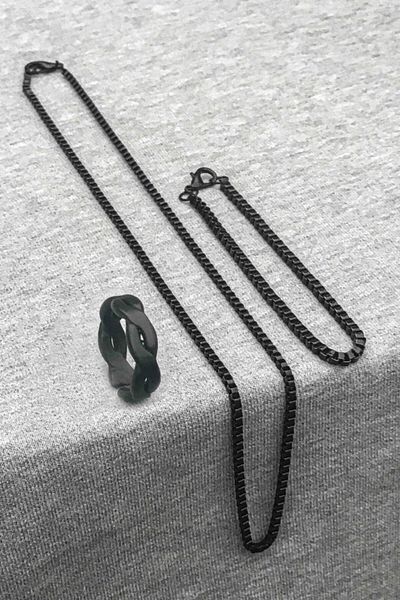 The Collection Wrapped Ring Adjustable Matte Black Ring Cube Bracelet And Necklace Set