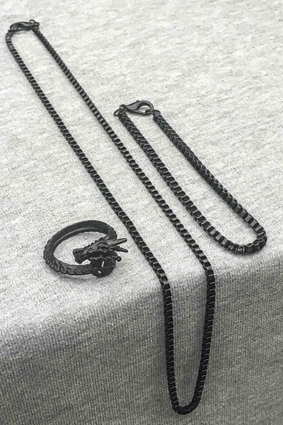 The Collection Dragon Adjustable Matte Black Ring Cube Bracelet And Necklace Set