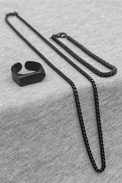 The Collection Triangle Adjustable Matte Black Ring Cube Bracelet And Necklace Set