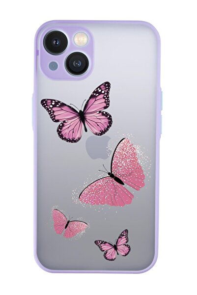 mooodcase Iphone 13 Uyumlu Pembe Kelebekler Desenli Kamera Korumalı Buzlu Şeffaf Lüx Telefon Kılıfı