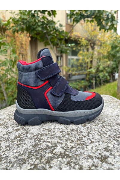 MOTTİ KİDS CLUB Hakiki Deri Erkek Çocuk Lacivert Kırmızı Kar Botu