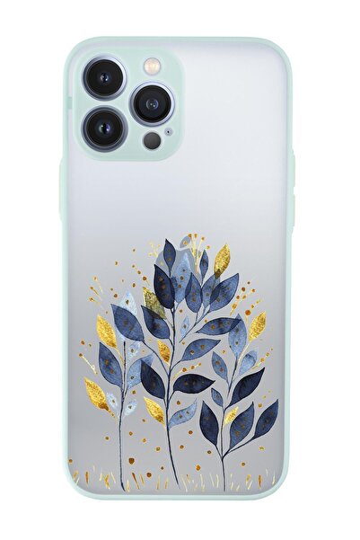 mooodcase Iphone 13 Pro Max Uyumlu Mavi Yaprak Desenli Kamera Korumalı Buzlu Şeffaf Lüx Telefon Kılıfı