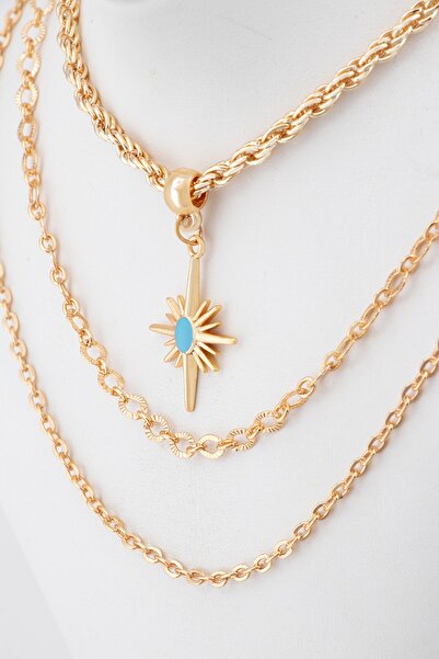 Sortie Aksesuar Kuzey Yıldızı Ve Mavi Boncuklu Kombin Kolye Seti 001