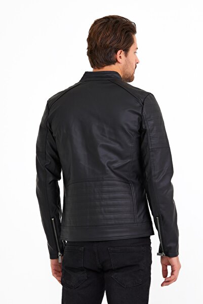 Oliggopol Чоловічий чорний шкіряний піджак зі внутрішніми кишенями, прямий крій, облягаючий фасон