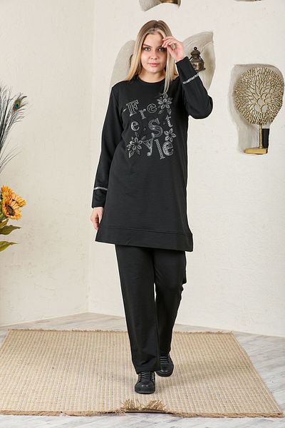 CNG MODA Large Size Stoned Black Hijab Tracksuit Set