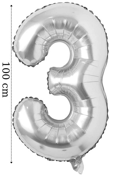 ELGALA Foil Balloon Number 3 Helium Balloon 100 Cm Silver Color
