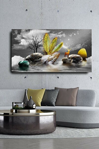 Genel Markalar Dekoratif Soyut Altın Geyik Ve Taşlar Sürreal Kanvas Duvar Tablosu 120x60cm Tablo
