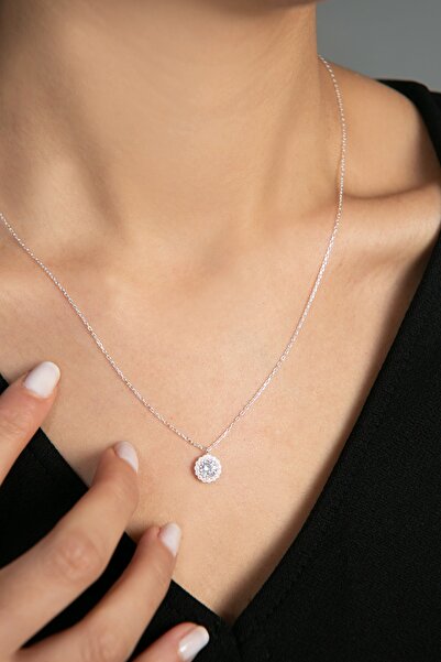 Elika Silver Kadın Tek Taş Detaylı 925 Ayar Gümüş Kolye