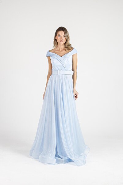 ALİS DRESS Bebe Mavi Simli Şifon Kayık Yaka Abiye