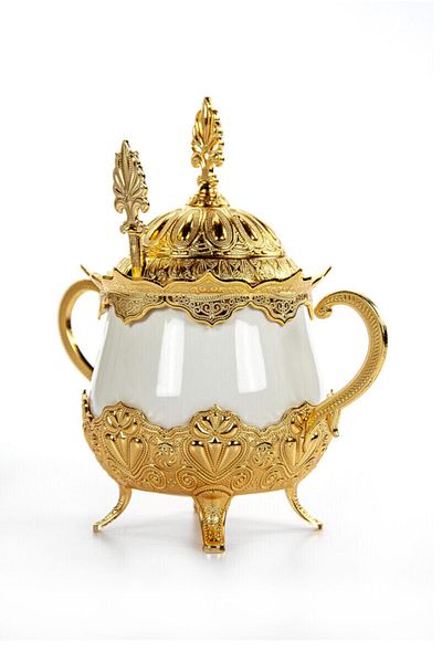 MOS'EV Porcelain Sugar Bowl with Gold Lid and Spoon