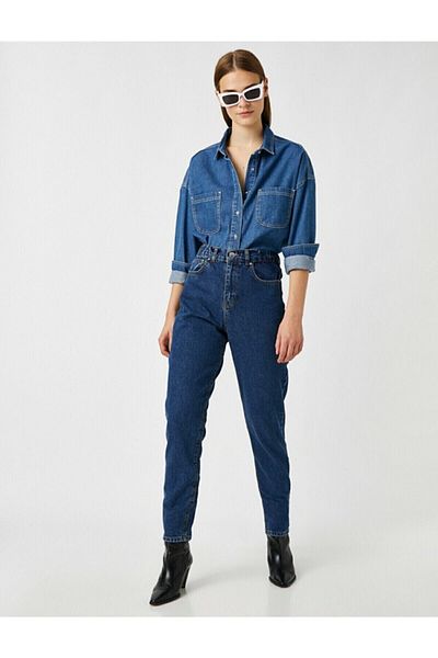 Trn JNS Pantaloni Mom Jean din Lycra albastru închis (culoarea nu se estompează)
