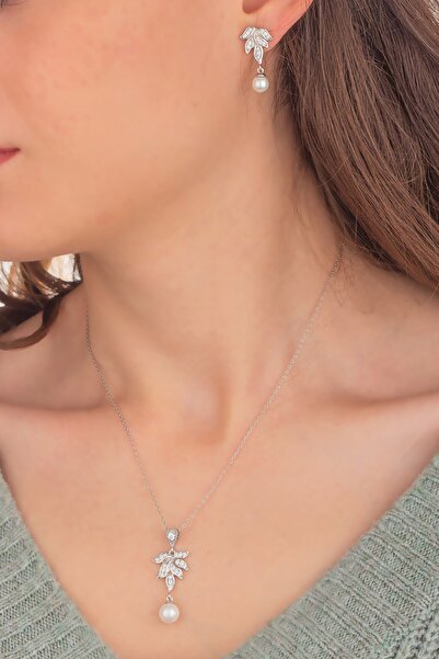Miavi Silver 925 Ayar Gümüş Inci Sallantılı Yaprak Kolye Küpe Set