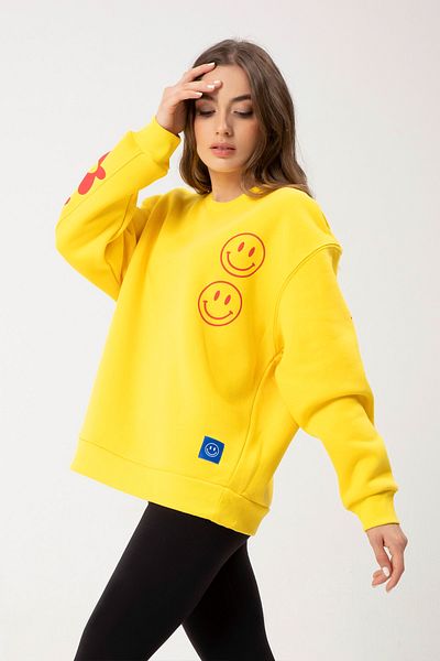 Eazy Co Φούτερ Eazy Flowers With Smile Oversize Unisex με κίτρινο λαιμόκοψη