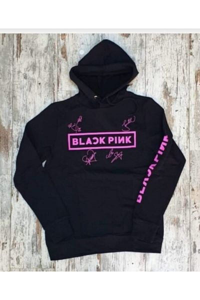 Built By Crazy Унисекс черен суитшърт Blackpink с шапка Blackpink и портфейл