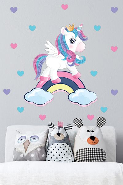 Tilki Dünyası Colorful Unicorn Rainbow and Hearts Kids Room Wall Sticker