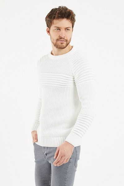 COOL TARZ Men's White Ribbed Crew Neck Knitwear Sweater