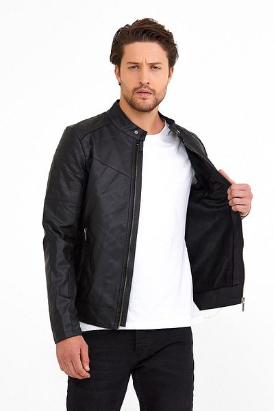 Oliggopol Мъжко черно кожено яке Slim Fit с вътрешен джоб
