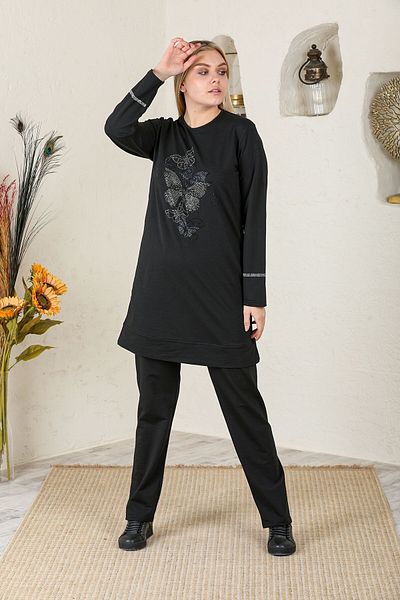 CNG MODA Large Size Stoned Black Hijab Tracksuit Set