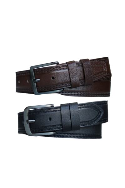 Kar-Pa طقم بنطال جينز من الجلد الطبيعي 100% مكون من قطعتين بحزام 4.5 سم: أسود...