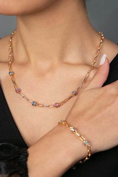 Elika Silver Women's Colorful Chain Necklace Bracelet Set