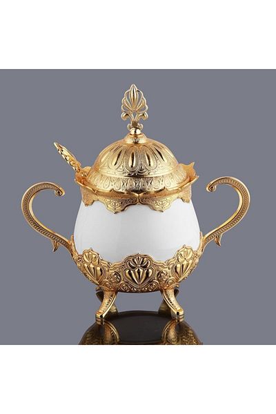 MOS'EV Porcelain Sugar Bowl with Gold Lid and Spoon