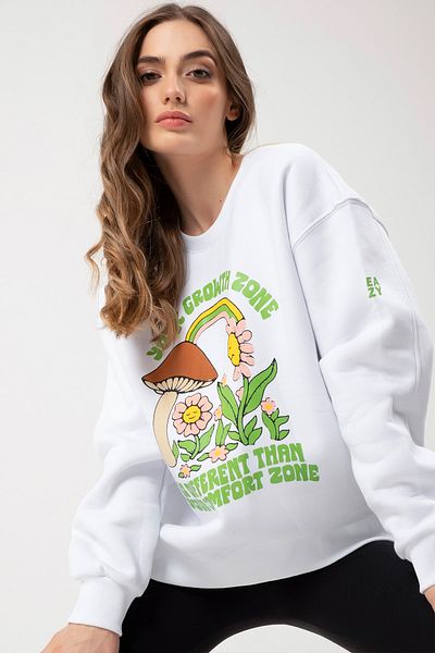 Eazy Co Hanorac alb unisex cu gât crew oversize Eazy Growth Zone