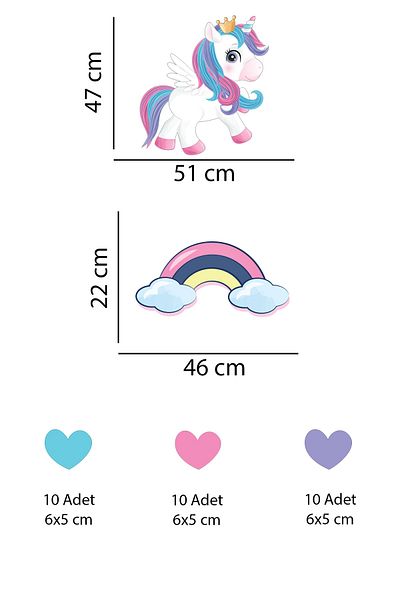 Tilki Dünyası Colorful Unicorn Rainbow and Hearts Kids Room Wall Sticker
