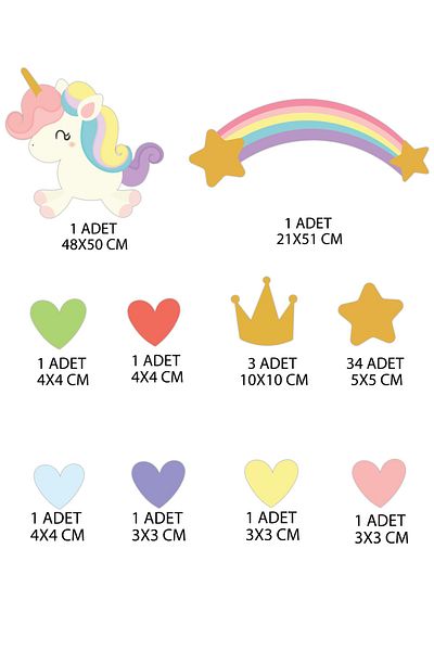 Tilki Dünyası Cute Unicorn Rainbow Crown and Stars Kids Room Wall Sticker