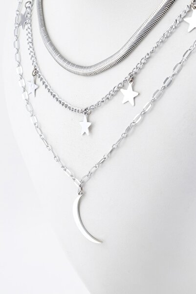 Sortie Aksesuar Italyan Zincirli Çelik Hilal Ve Yıldız Figürlü Kombin Kolye S...